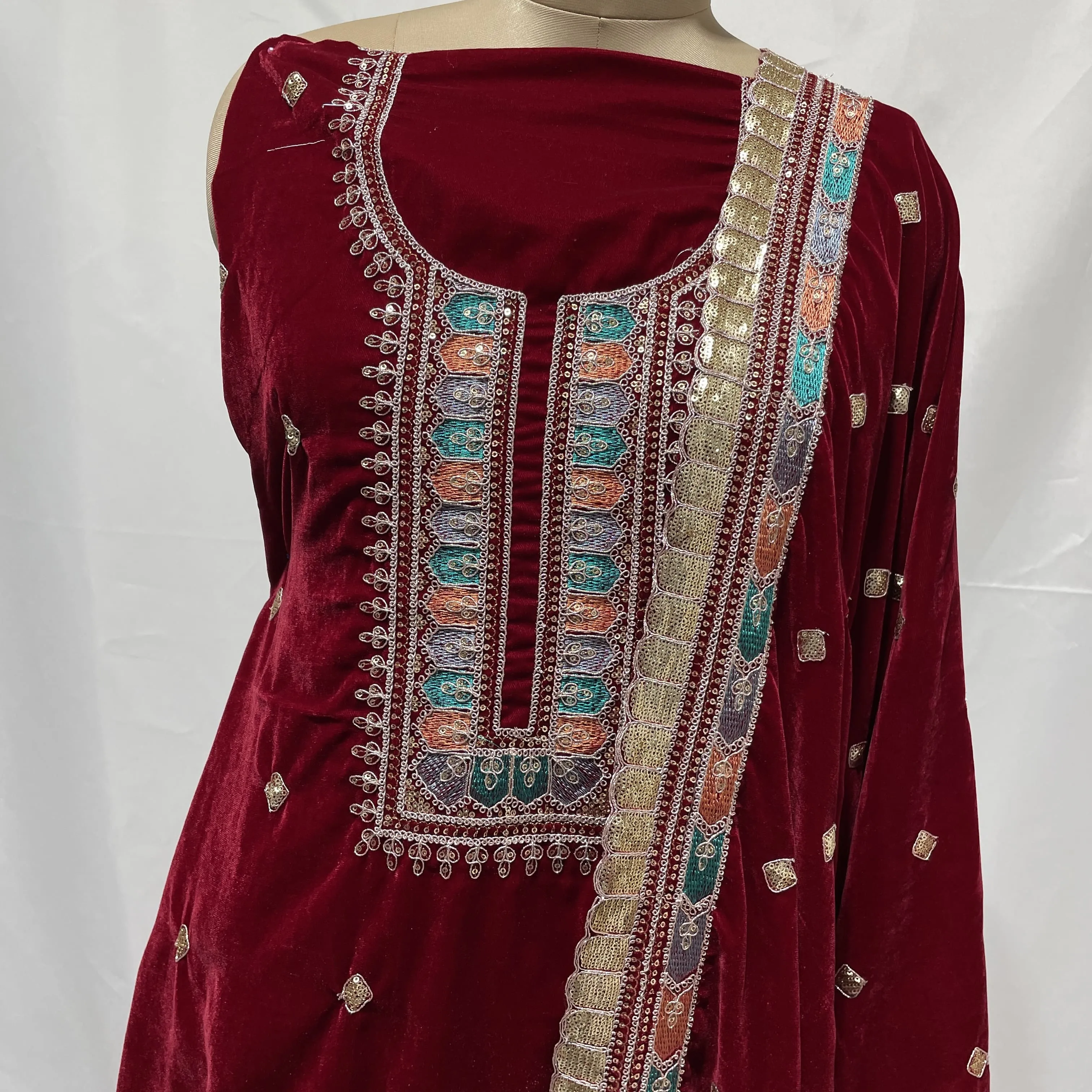 Premium Red Thread Sequins Embroidery Velvet Suit Set With Dupatta