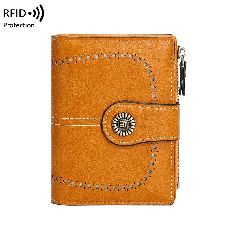 RFID Womens Zipper Wallet Antitheft Multifunctional Retro Short Design