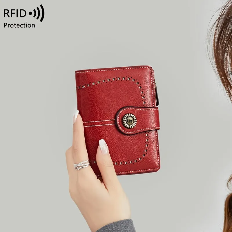 RFID Womens Zipper Wallet Antitheft Multifunctional Retro Short Design