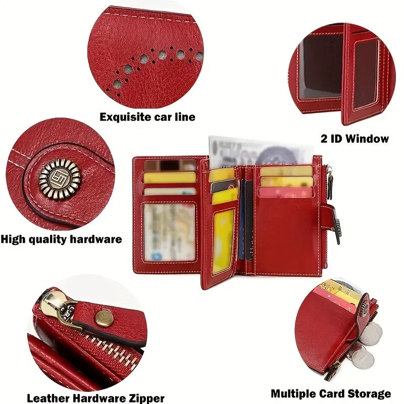 RFID Womens Zipper Wallet Antitheft Multifunctional Retro Short Design