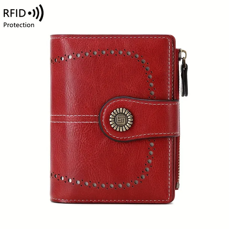 RFID Womens Zipper Wallet Antitheft Multifunctional Retro Short Design