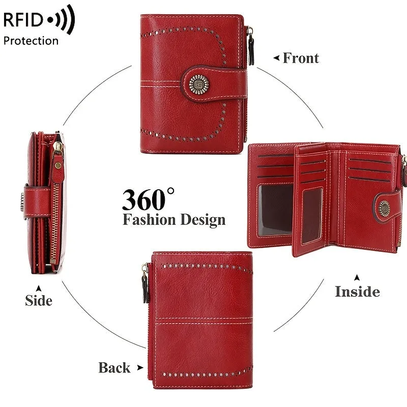 RFID Womens Zipper Wallet Antitheft Multifunctional Retro Short Design