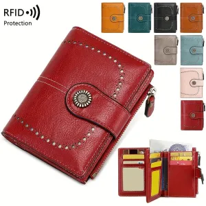 RFID Womens Zipper Wallet Antitheft Multifunctional Retro Short Design