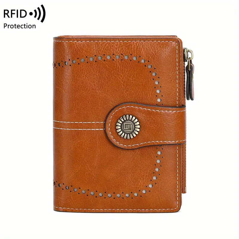 RFID Womens Zipper Wallet Antitheft Multifunctional Retro Short Design