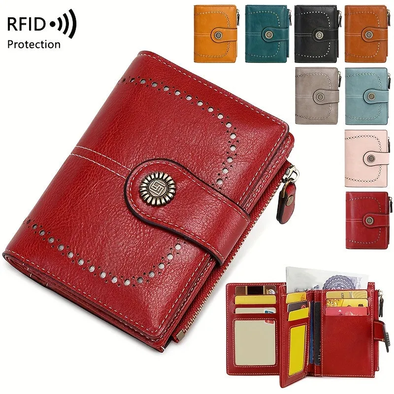 RFID Womens Zipper Wallet Antitheft Multifunctional Retro Short Design