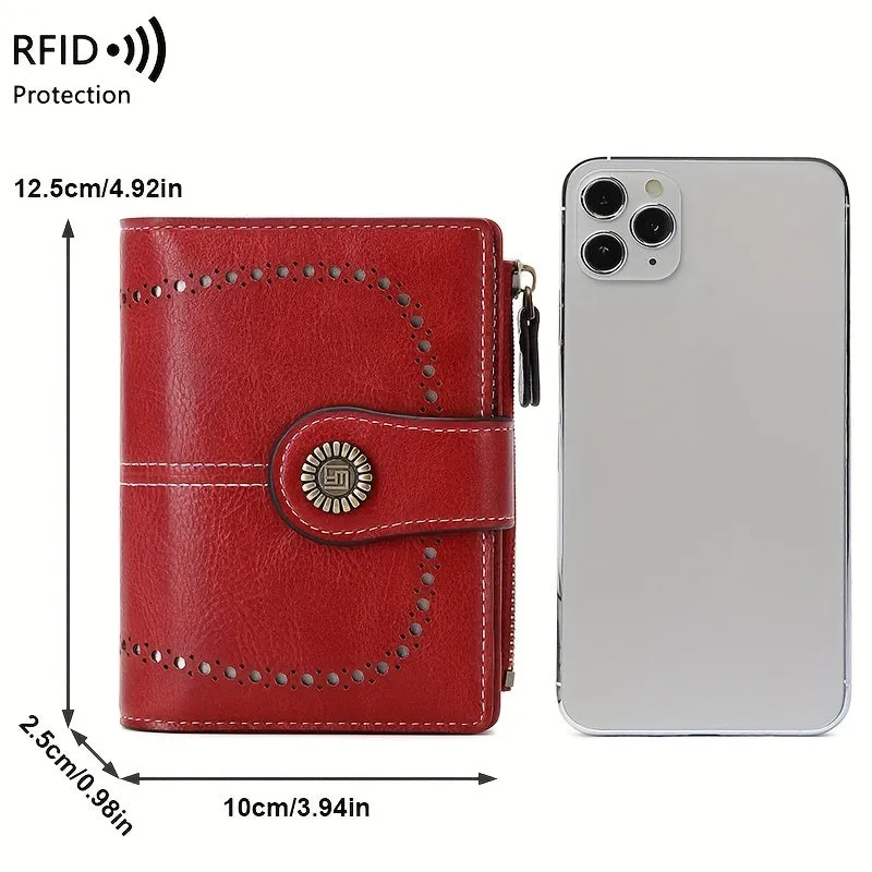 RFID Womens Zipper Wallet Antitheft Multifunctional Retro Short Design