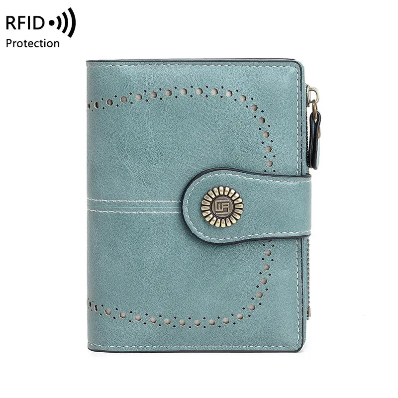 RFID Womens Zipper Wallet Antitheft Multifunctional Retro Short Design