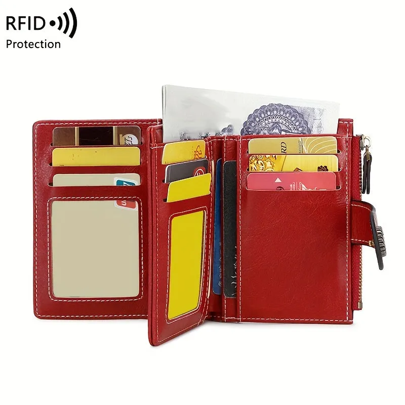 RFID Womens Zipper Wallet Antitheft Multifunctional Retro Short Design