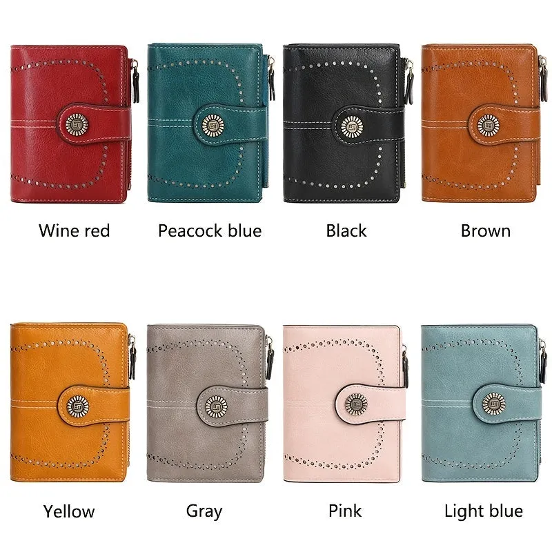 RFID Womens Zipper Wallet Antitheft Multifunctional Retro Short Design