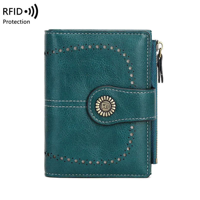 RFID Womens Zipper Wallet Antitheft Multifunctional Retro Short Design