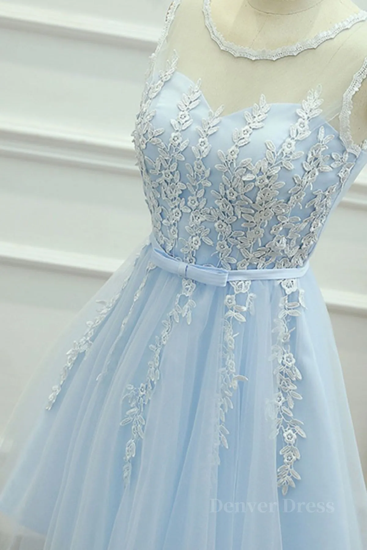Round Neck Short Blue Lace Prom Dresses Short Blue Lace Homecoming Graduation Dresses