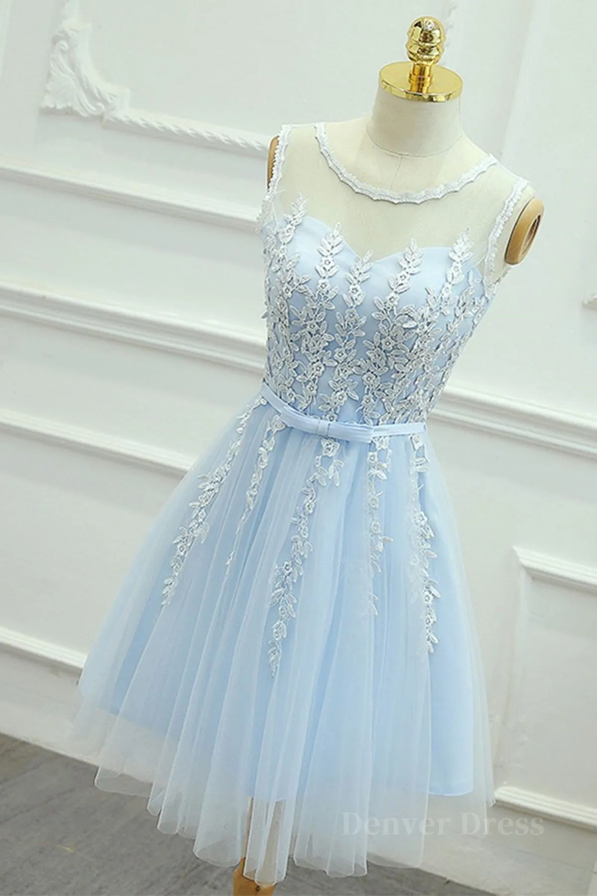 Round Neck Short Blue Lace Prom Dresses Short Blue Lace Homecoming Graduation Dresses