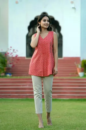 Sleeveless Short Length Kurti In Brick Red Color