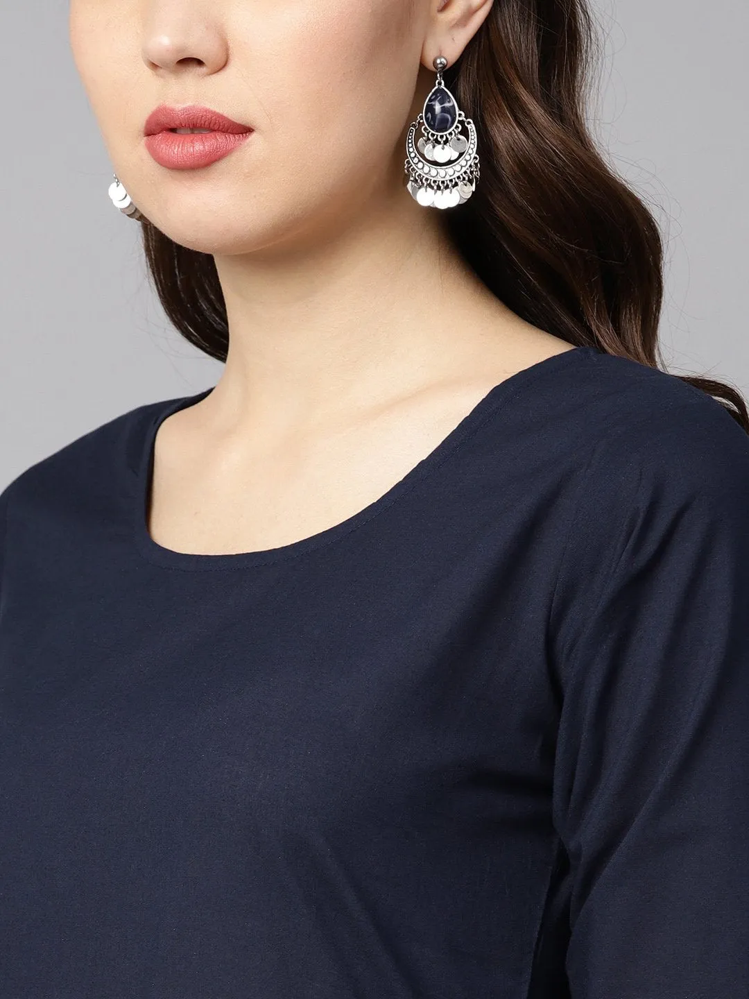 Solid Navy Blue Gathered A-Line Kurta With Solid Navy Blue Palazzo With Checks Printed Cuff At The Hem With Checks Printed Dupatta