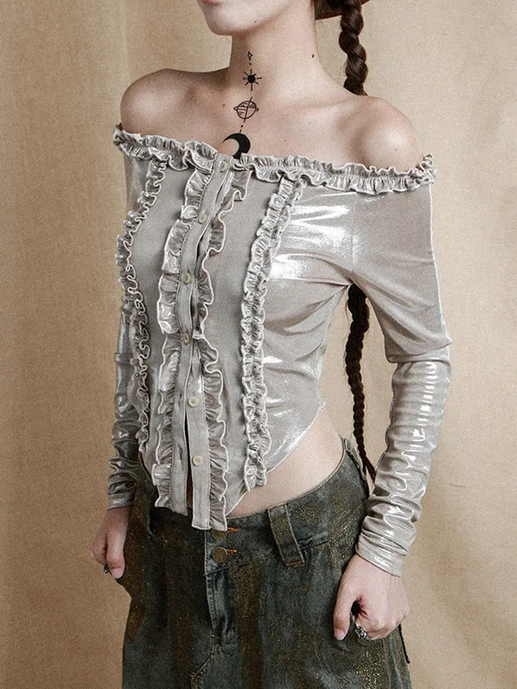 Solid Patchwork Edible Tree Fungus Lace Slimming Tops For Women Slash Neck Long Sleeve Spliced Button Top Female