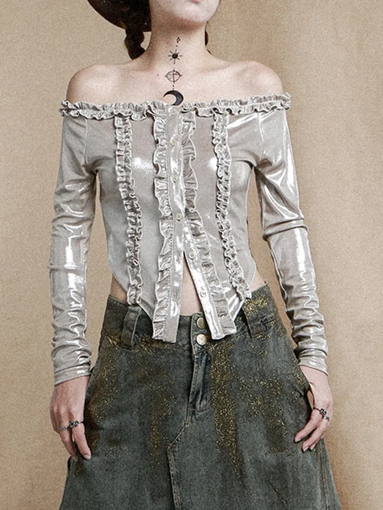 Solid Patchwork Edible Tree Fungus Lace Slimming Tops For Women Slash Neck Long Sleeve Spliced Button Top Female