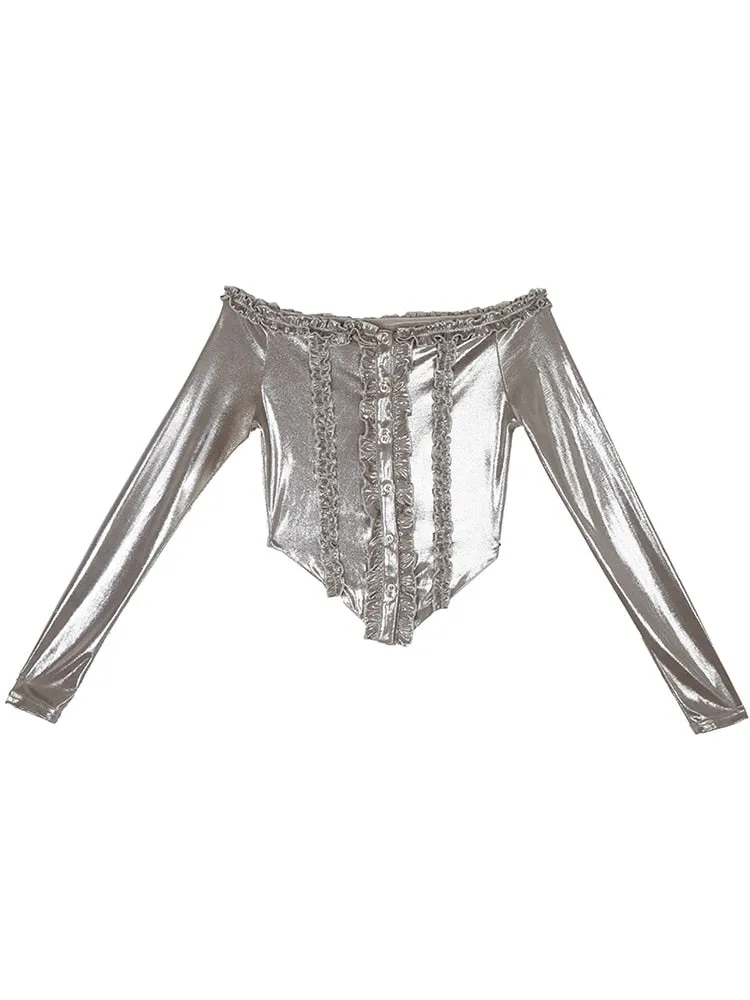Solid Patchwork Edible Tree Fungus Lace Slimming Tops For Women Slash Neck Long Sleeve Spliced Button Top Female