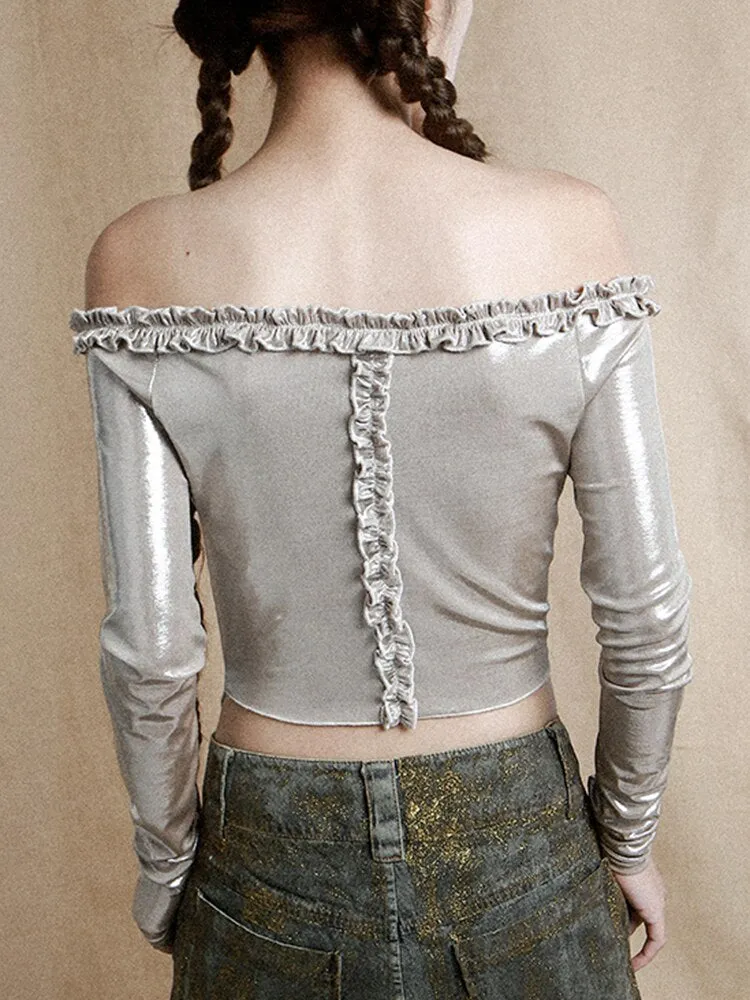 Solid Patchwork Edible Tree Fungus Lace Slimming Tops For Women Slash Neck Long Sleeve Spliced Button Top Female