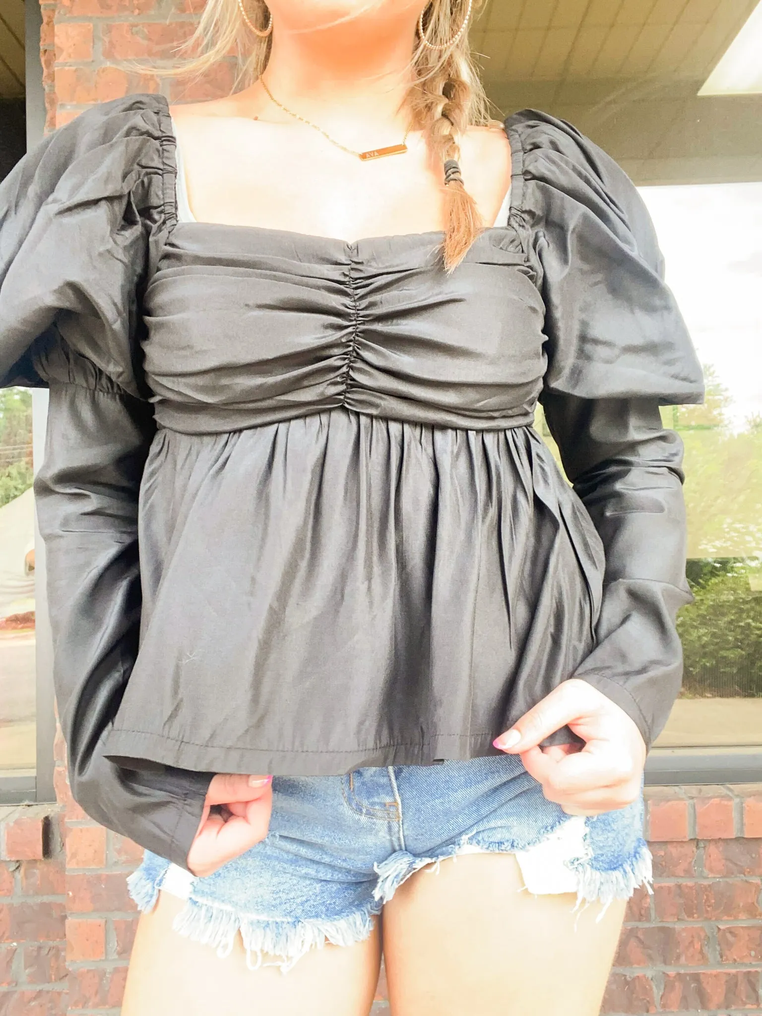Square Neck Puff Sleeve Cropped Blouse