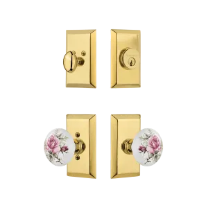 Studio Entry Set with White Rose Porcelain Knob in Polished Brass