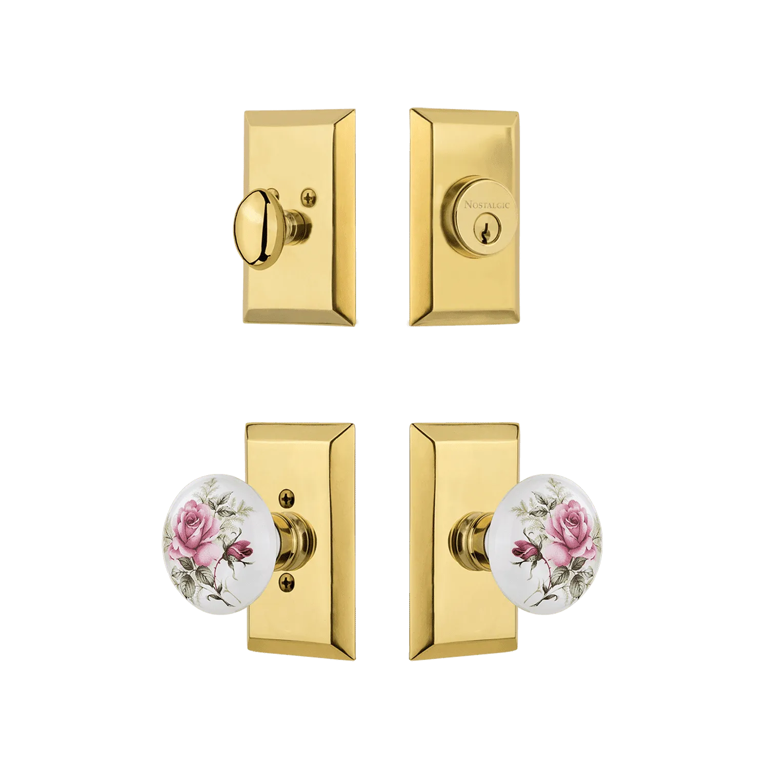 Studio Entry Set with White Rose Porcelain Knob in Polished Brass
