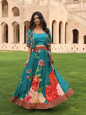 Teal Floral Printed Viscose Top, Shrug & Skirt Set with Sequins, Zari, and Mirror Embellishments