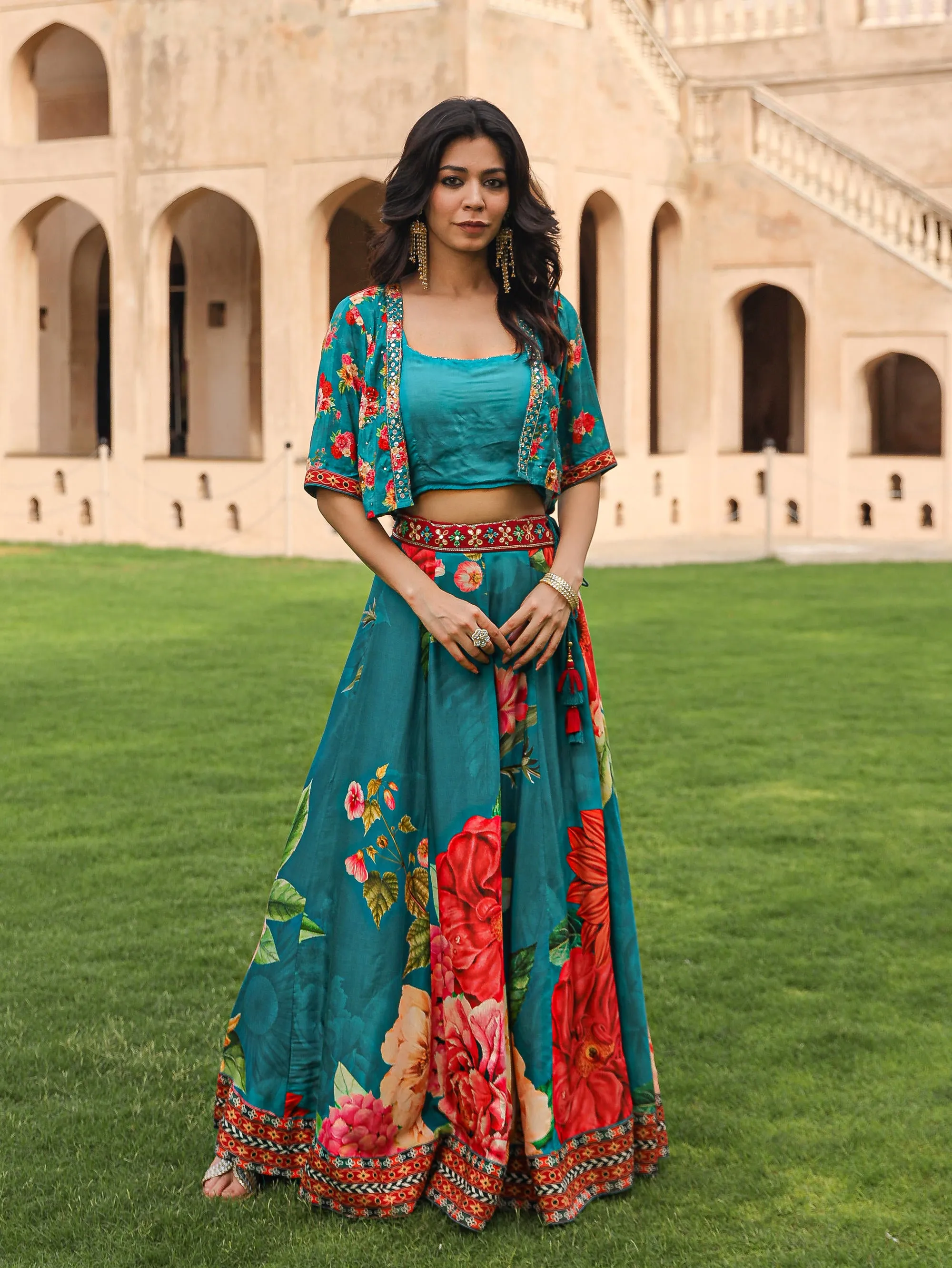 Teal Floral Printed Viscose Top, Shrug & Skirt Set with Sequins, Zari, and Mirror Embellishments