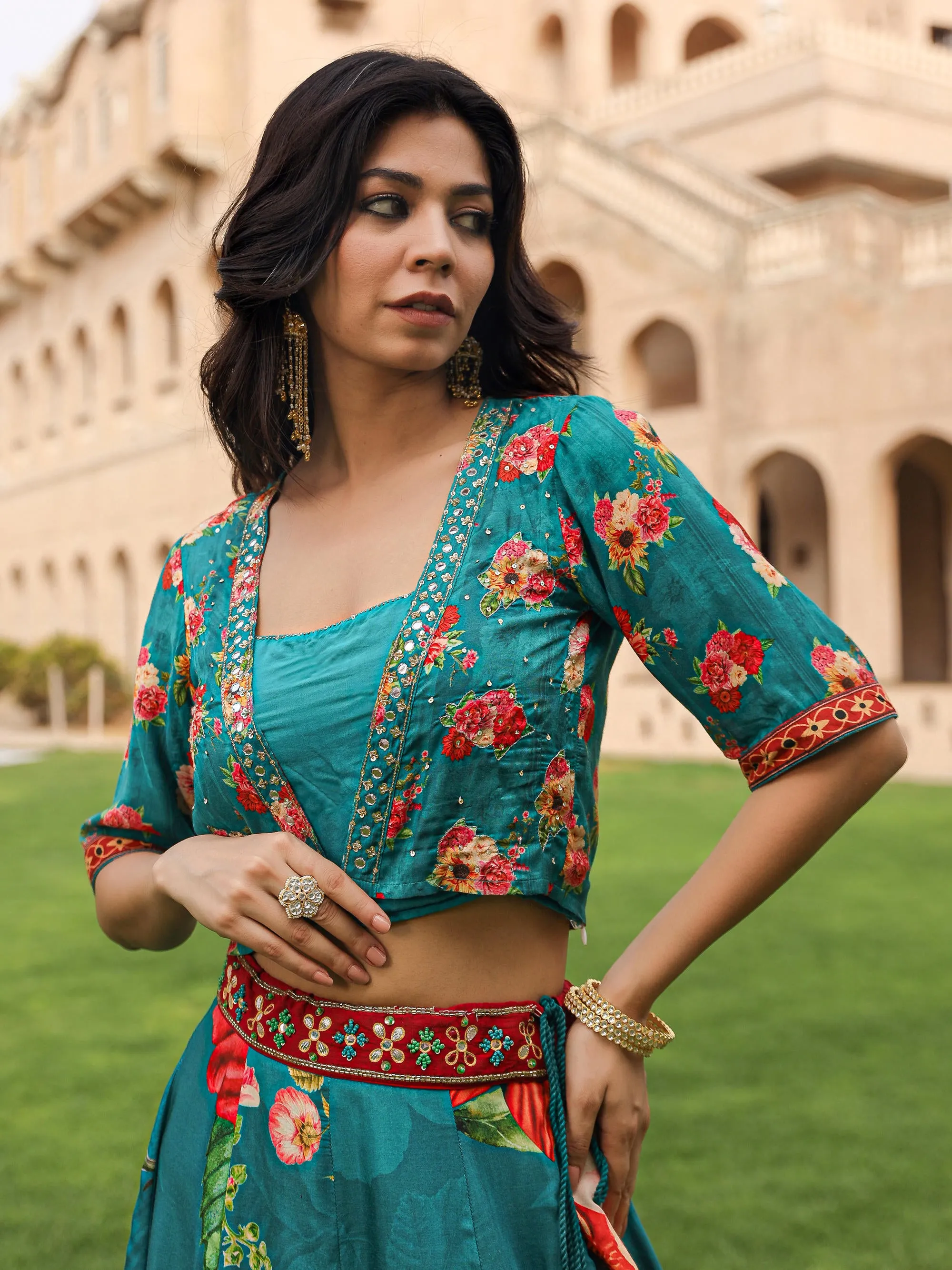 Teal Floral Printed Viscose Top, Shrug & Skirt Set with Sequins, Zari, and Mirror Embellishments
