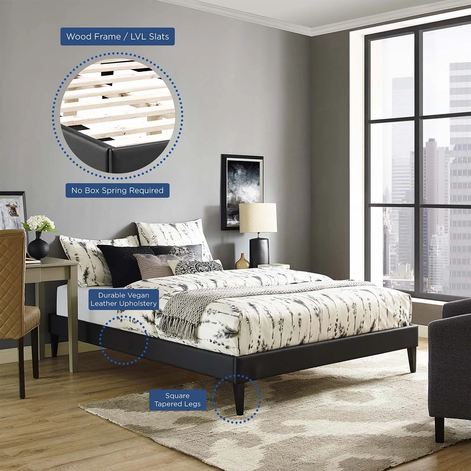 Tessie Full Vinyl Bed Frame with Squared Tapered Legs Black MOD-5896-BLK