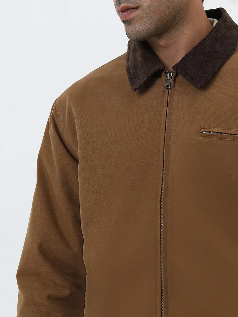 WES Casuals Mens Tan Cotton Relaxed-Fit Jacket