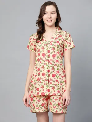 Women Beige Floral Printed Night Suit