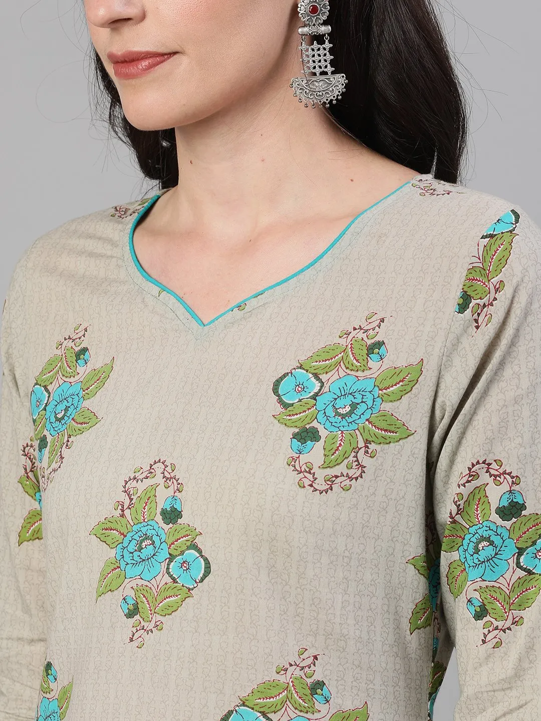 Women Beige Three-Quarter Sleeves Straight Kurta With Palazzo And Dupatta With Pockets And Face Mask