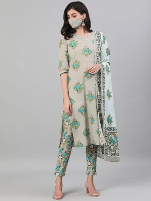 Women Beige Three-Quarter Sleeves Straight Kurta With Palazzo And Dupatta With Pockets And Face Mask