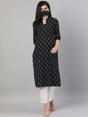 Women Black Calf Length Three-Quarter Sleeves Straight Geometric Printed Cotton Kurta With Pockets And Face Mask