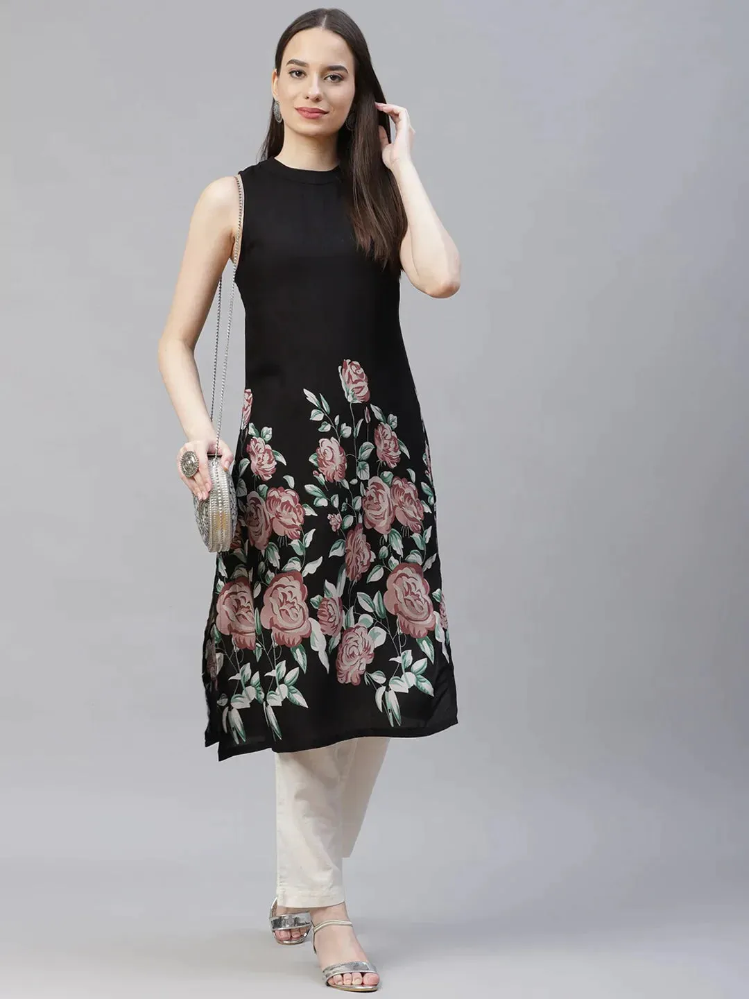 Women Black Floral Printed Floral Kurta