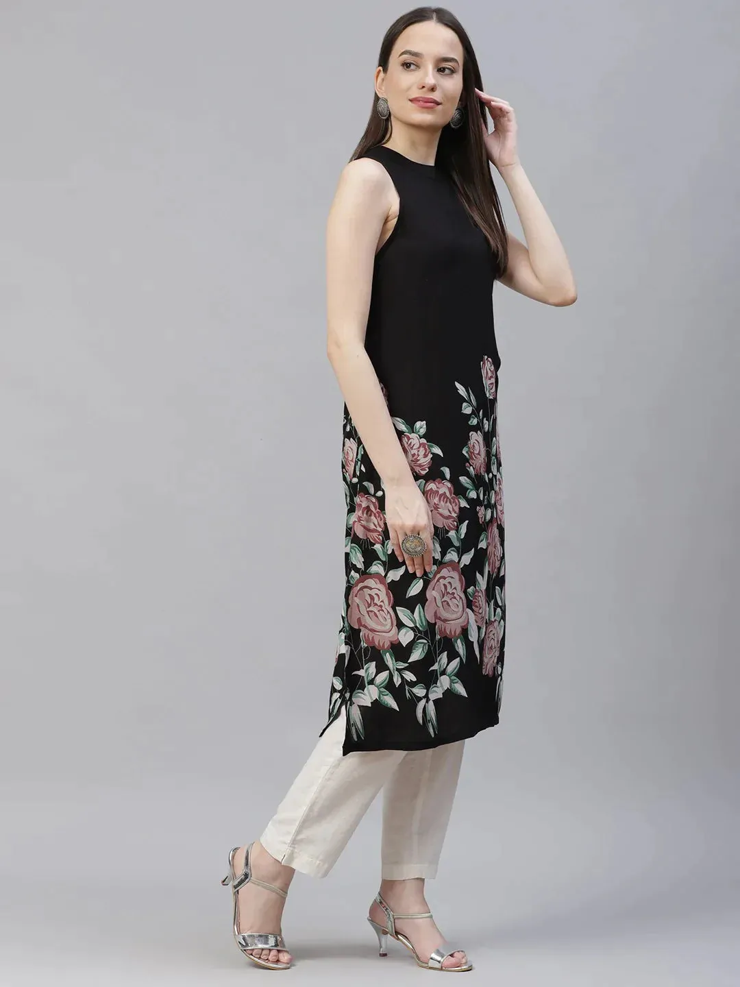 Women Black Floral Printed Floral Kurta