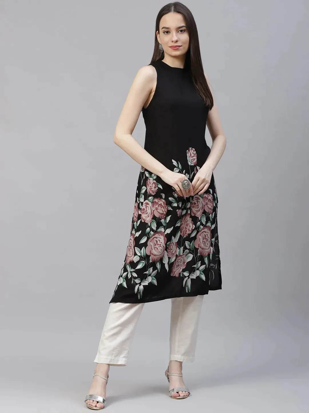 Women Black Floral Printed Floral Kurta