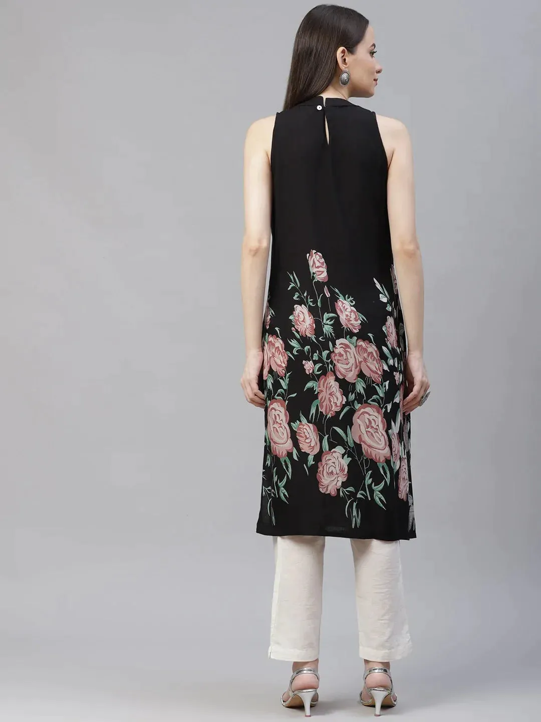 Women Black Floral Printed Floral Kurta