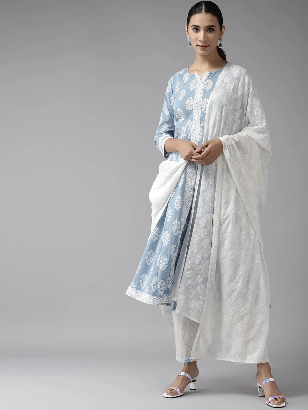 Women Blue & White A-Line Dupatta Set