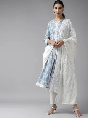 Women Blue & White A-Line Dupatta Set