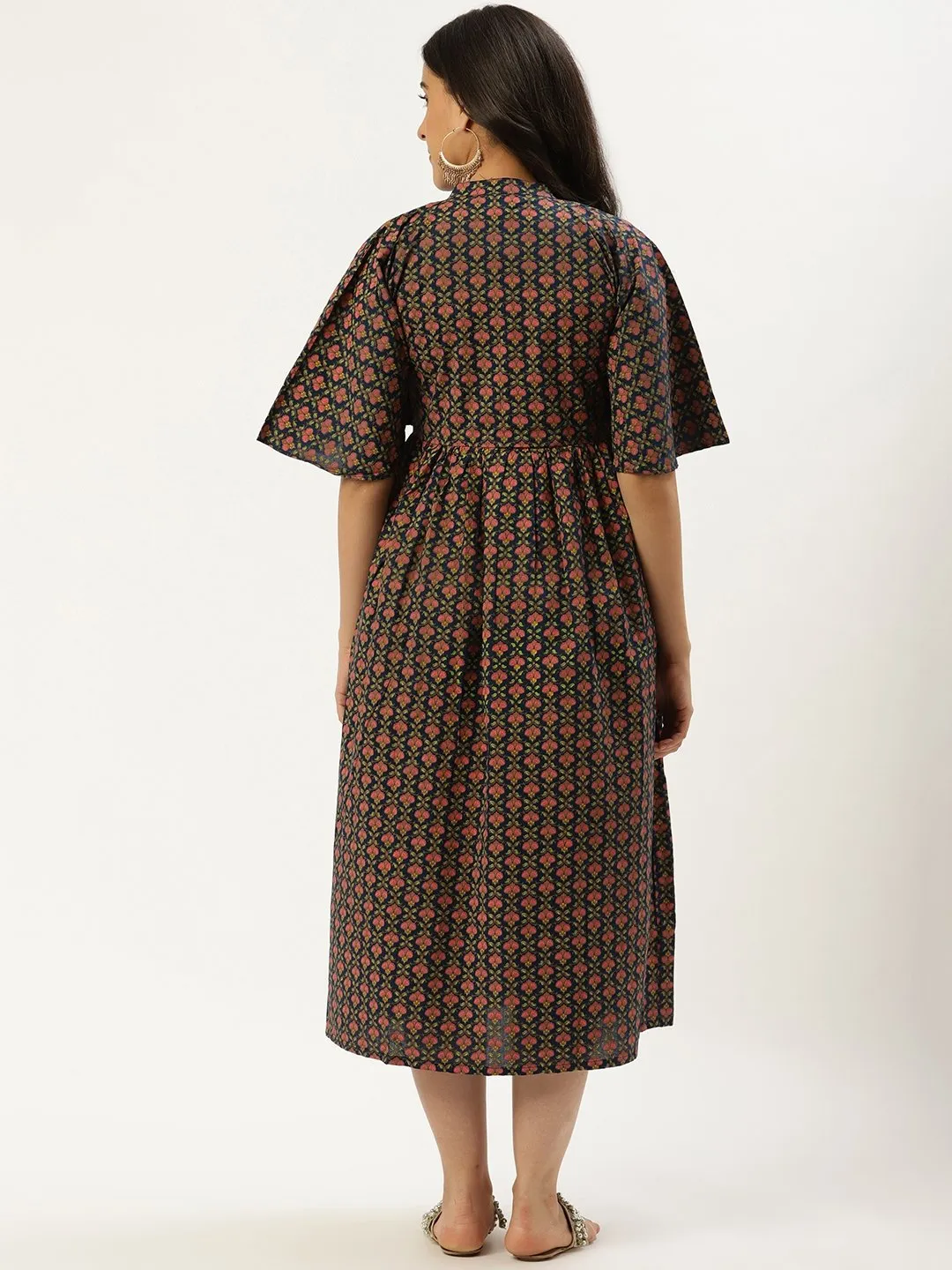 Women Blue Floral Printed Mandarin Collar Cotton Fit And Flare Dress