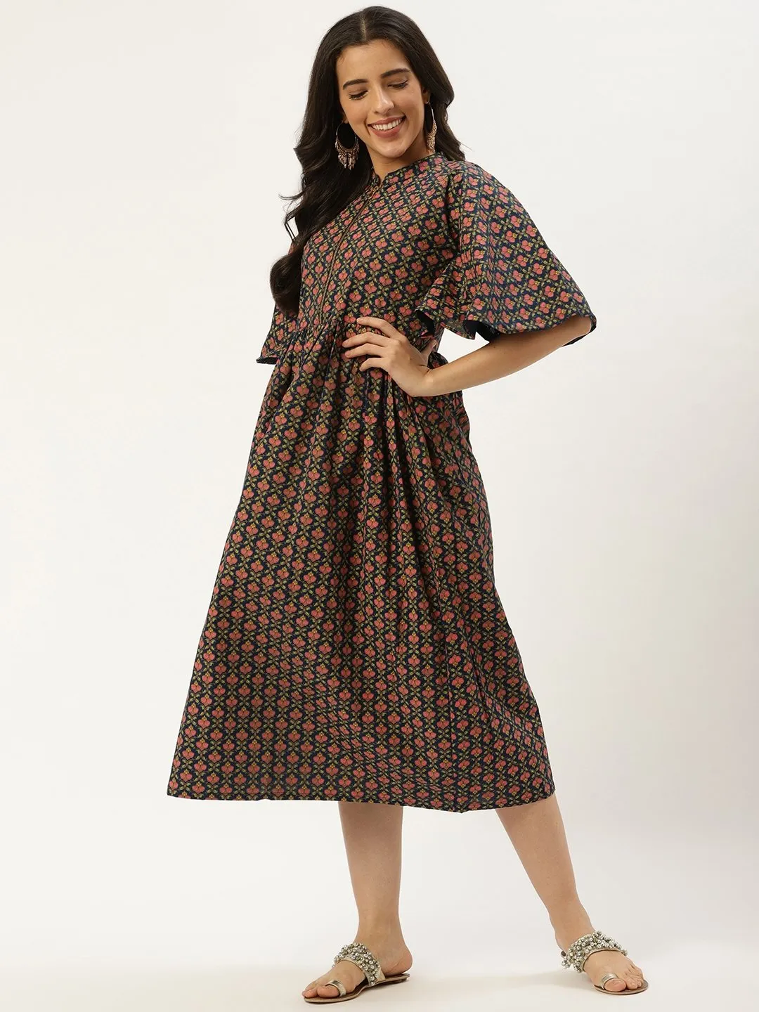 Women Blue Floral Printed Mandarin Collar Cotton Fit And Flare Dress