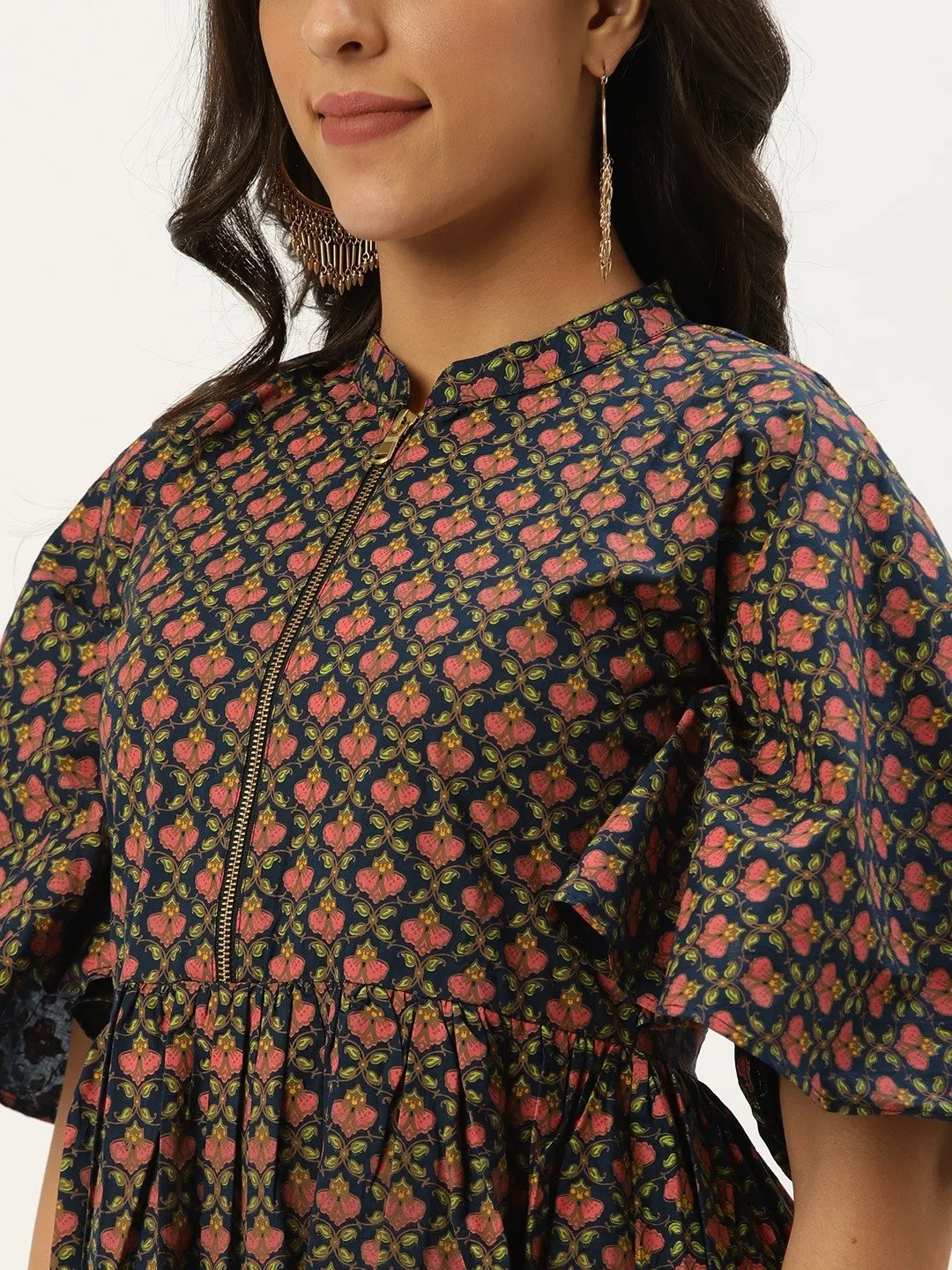 Women Blue Floral Printed Mandarin Collar Cotton Fit And Flare Dress