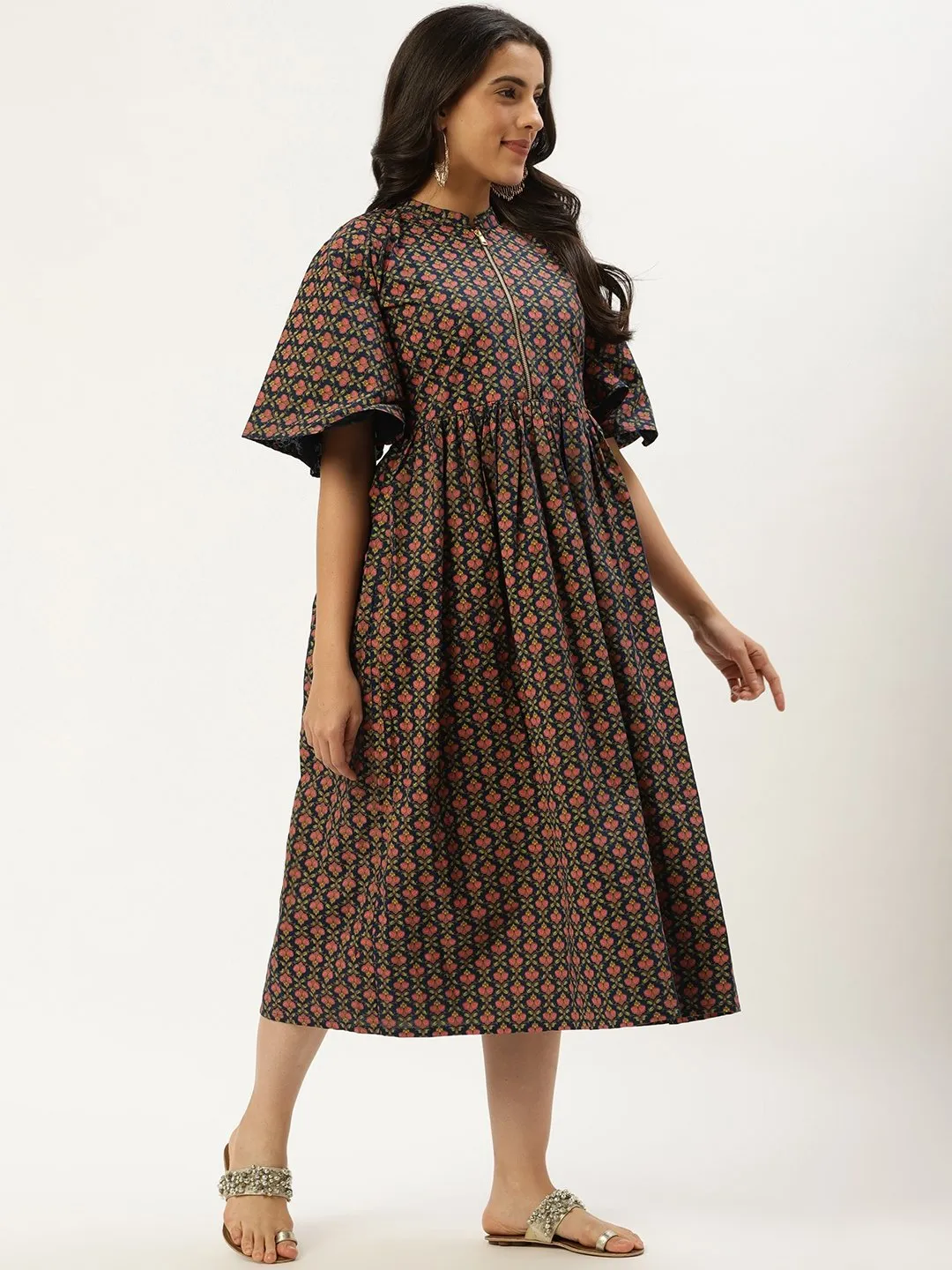 Women Blue Floral Printed Mandarin Collar Cotton Fit And Flare Dress