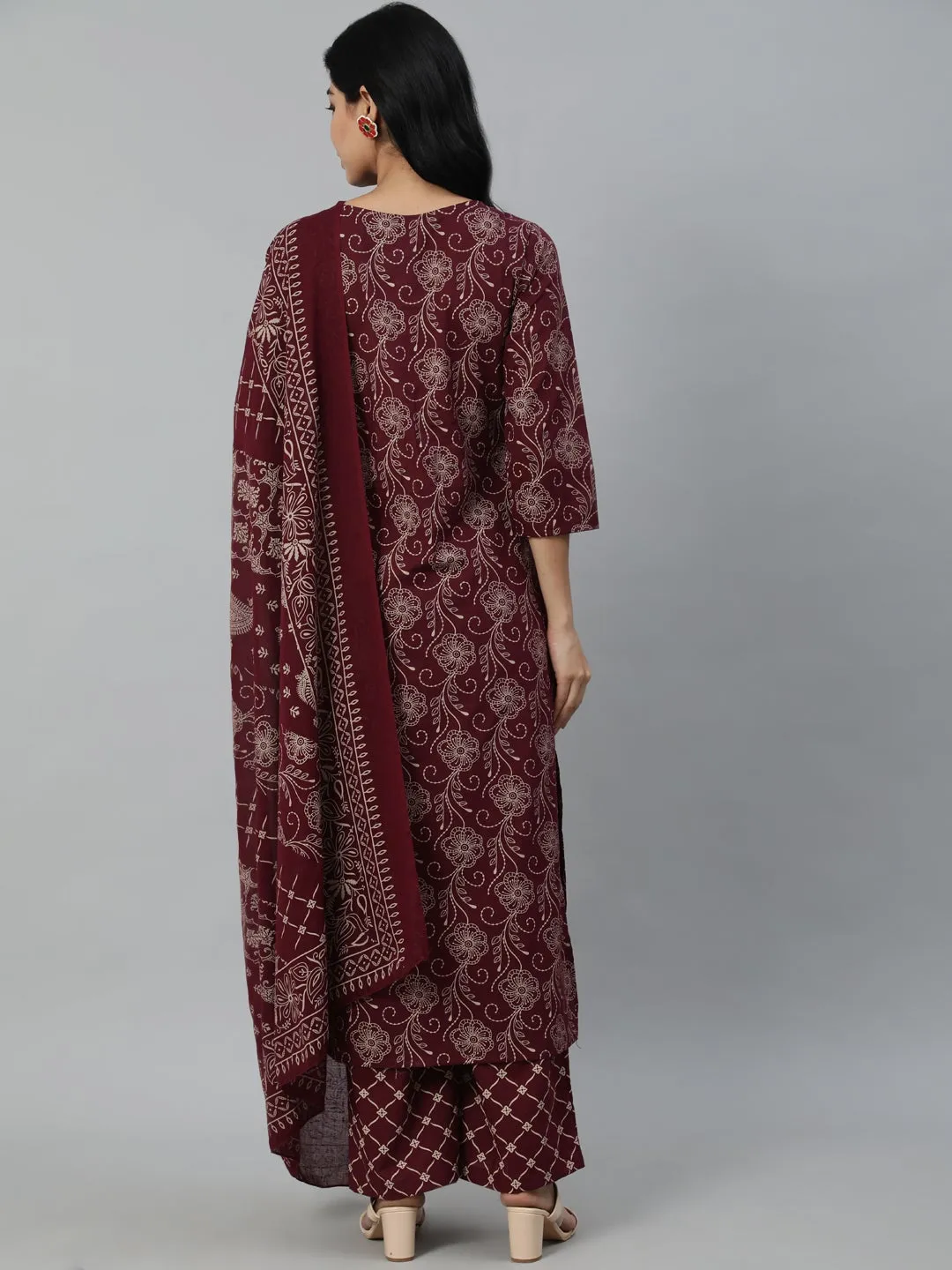 Women Burgundy & Beige Motifs Printed Pure Cotton Kurta With Plazzos And Dupatta