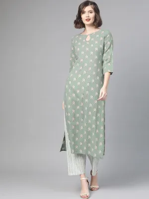 Women Green & Beige Straight Quirky Printed Kurta And Trousers Set