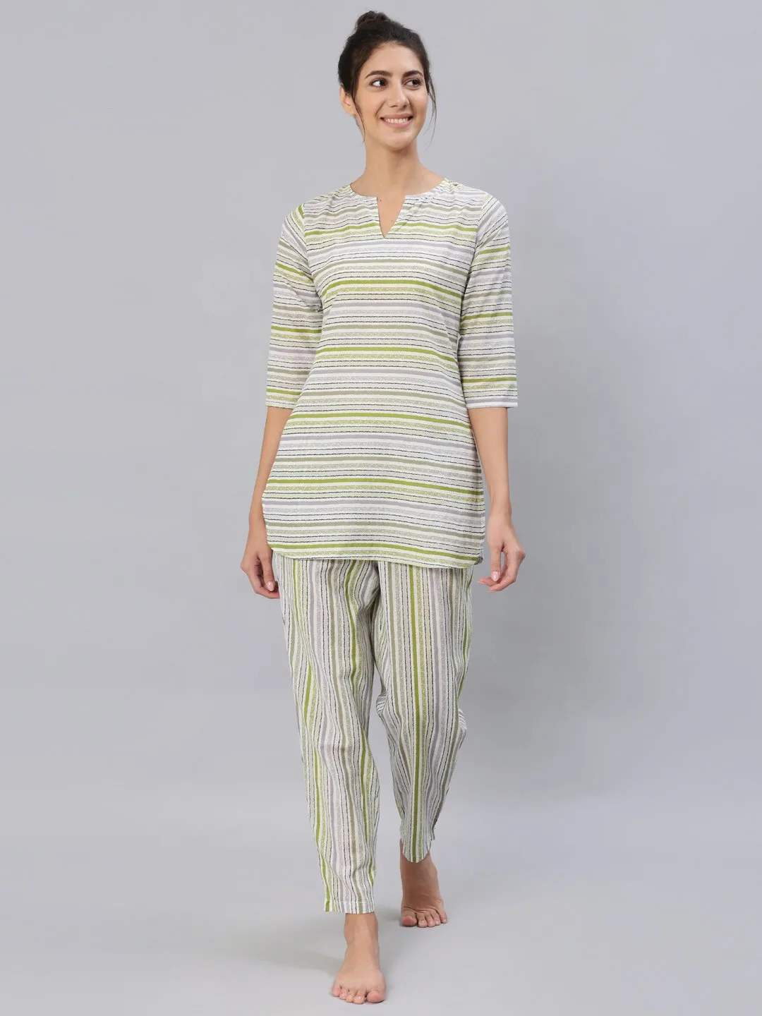 Women Green & Grey Striped Night Suit Set