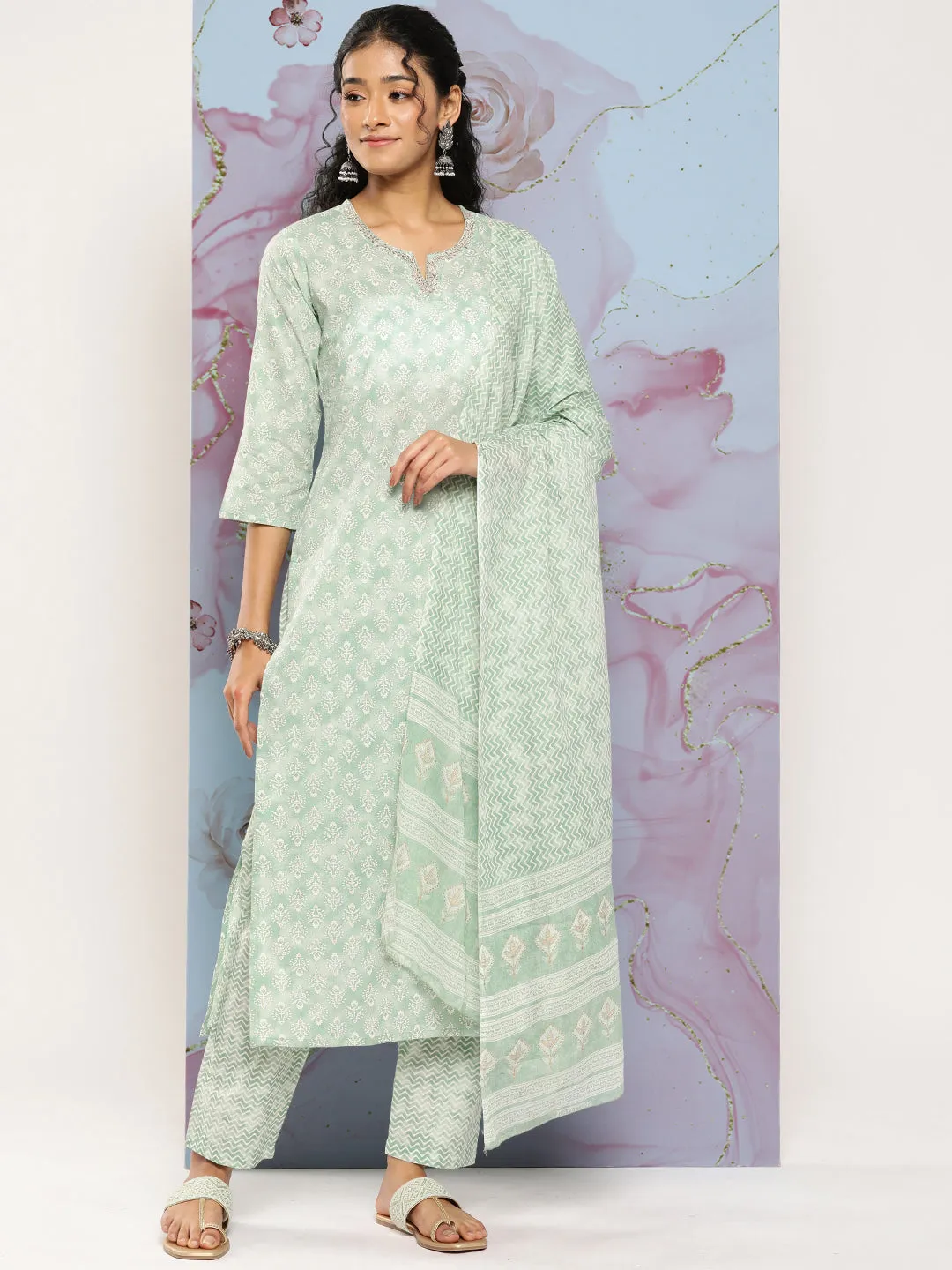 Women Green Ethnic Embroidered Kurta With Palazzo And Dupatta