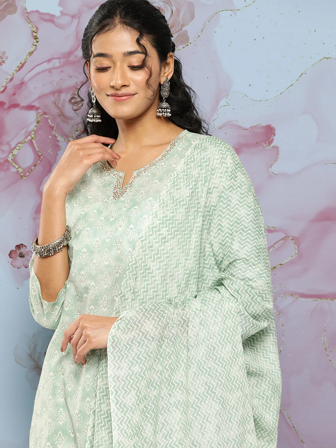 Women Green Ethnic Embroidered Kurta With Palazzo And Dupatta