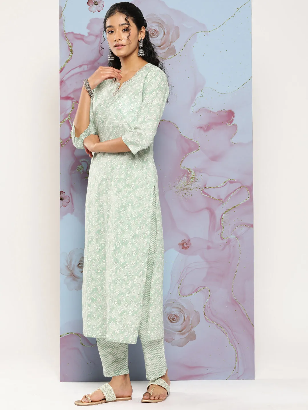 Women Green Ethnic Embroidered Kurta With Palazzo And Dupatta